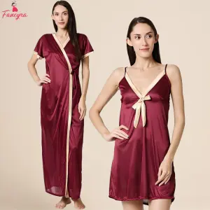 Fancyra Women Two Piece Set Satin Comfortable Plain Short Nighty With Long Robe