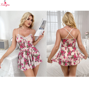 Fancyra Women V Neck Cute Lace Floral Lingerie Mini Teddy Babydoll