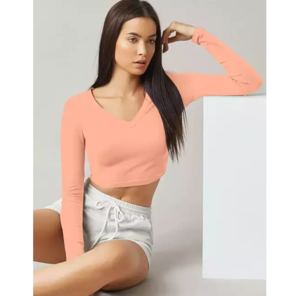 Fancyra Women V Neck Stylish Crop Top T-Shirt Long Sleeve - Image 2