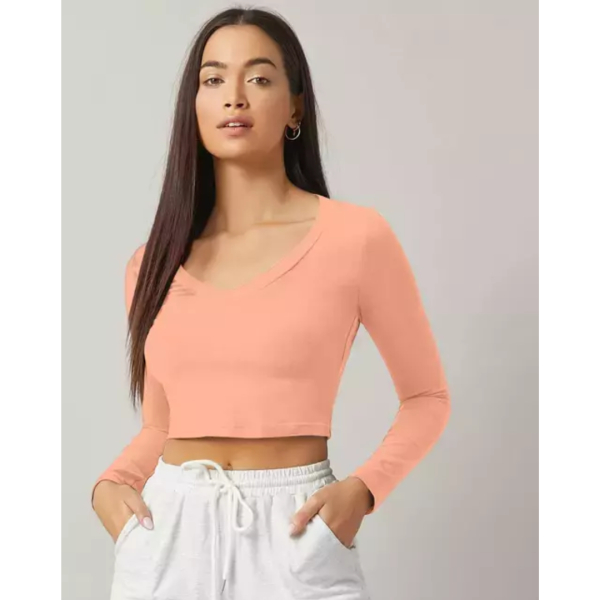 Fancyra Women V Neck Stylish Crop Top T-Shirt Long Sleeve - Image 4