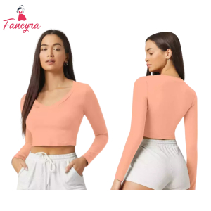 Fancyra Women V Neck Stylish Crop Top T-Shirt Long Sleeve
