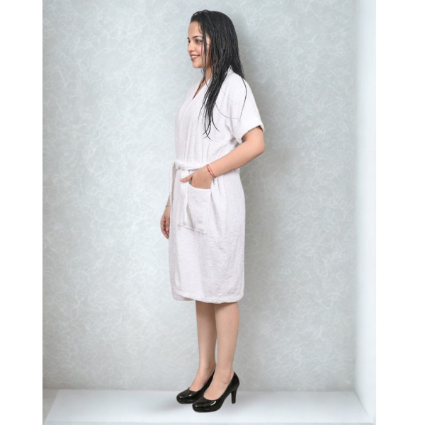 Fancyra Women White Micro Terry Knee Length One Pocket Midi Loungewear Bathrobe - Image 4