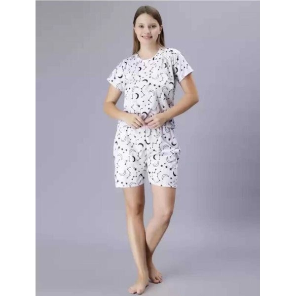 Fancyra Women White Printed Elegant Top & Shorts Nightwear Pajama Set - Image 2