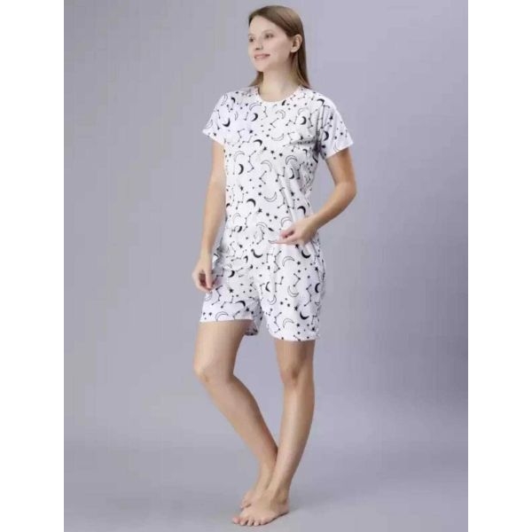 Fancyra Women White Printed Elegant Top & Shorts Nightwear Pajama Set - Image 4