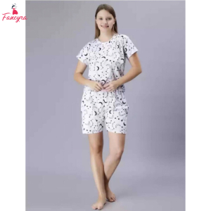 Fancyra Women White Printed Elegant Top & Shorts Nightwear Pajama Set