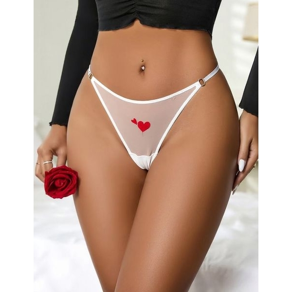 Fancyra Women White Stylish Mesh Thong Lightweight Heart Pattern Panty - Image 3