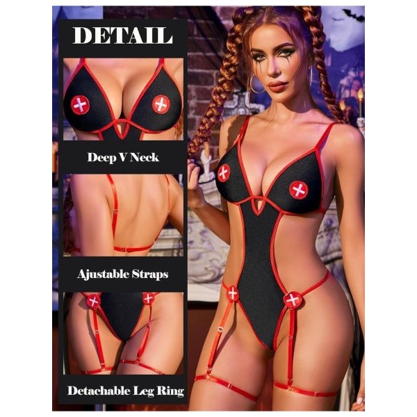 Fancyra Women Women Nurse Cosplay Halloween Costume Outfit Garter Lingeire Bodysuit - Image 3