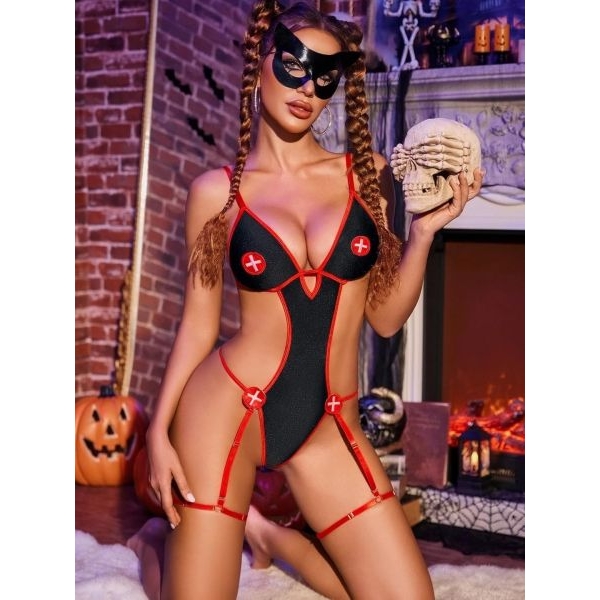Fancyra Women Women Nurse Cosplay Halloween Costume Outfit Garter Lingeire Bodysuit - Image 4
