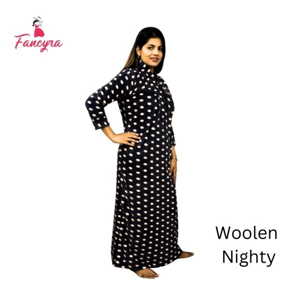 Fancyra Women Woolen Blend Winter Full Length Dot Printed Nighty Nightdress - Image 2