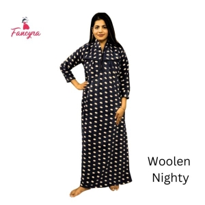 Fancyra Women Woolen Blend Winter Full Length Dot Printed Nighty Nightdress