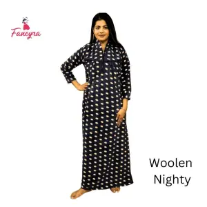 Fancyra Women Woolen Blend Winter Full Length Dot Printed Nighty Nightdress