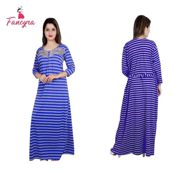 Fancyra Women Woolen Full Length Striped Nighty Nightwear For Winter - Image 2