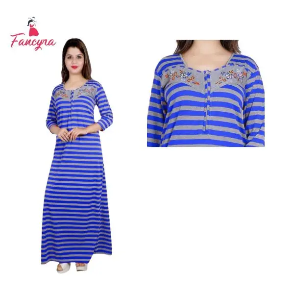 Fancyra Women Woolen Full Length Striped Nighty Nightwear For Winter - Image 3