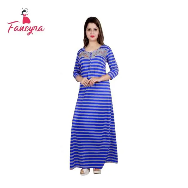 Fancyra Women Woolen Full Length Striped Nighty Nightwear For Winter - Image 4