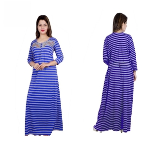 Fancyra Women Woolen Full Length Striped Nighty Nightwear For Winter