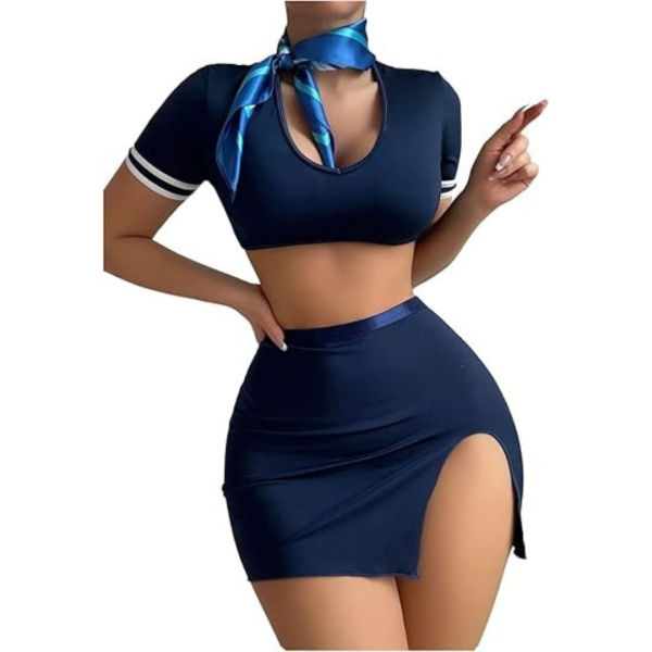 Fancyra Women's 3 Piece Roleplay Lingerie Set Crop Tee and Mini Skirts Flight Attendant Costume without Neck Scarf - Image 4