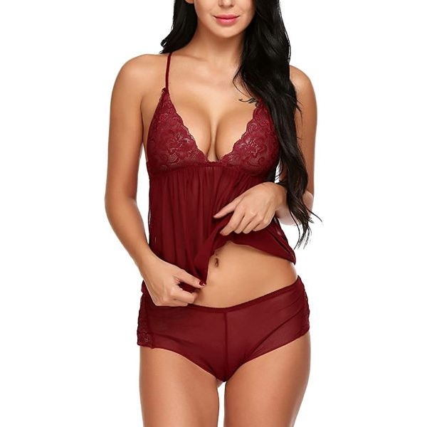 Fancyra Womens Babydoll Lace Net Robe Lingerie Nightwear With Panty Dress Free Size Maroon Color - Image 2