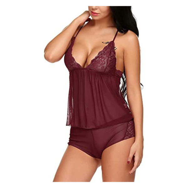 Fancyra Womens Babydoll Lace Net Robe Lingerie Nightwear With Panty Dress Free Size Maroon Color - Image 4