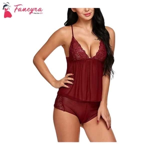 Fancyra Womens Babydoll Lace Net Robe Lingerie Nightwear With Panty Dress Free Size Maroon Color