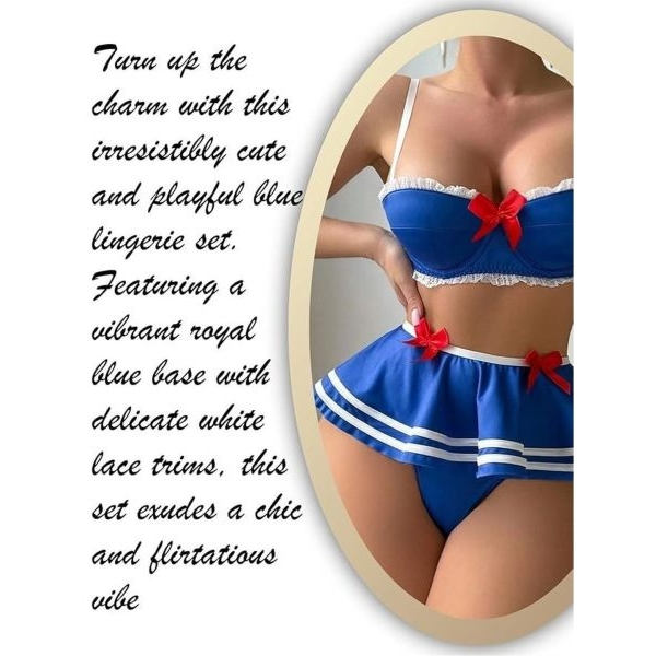 Fancyra Women’s Blue Bow Lingerie Costume Set 3 Piece Bra Mini Skirt & Panty Cute Sailor Cosplay Lingerie - Image 2