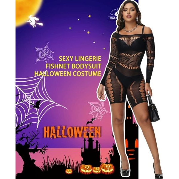 Fancyra Women's Bodysuit Fishnet Bodystocking Hollow Out Jumpsuit Bodycon Hot Romper Lingerie - Image 5