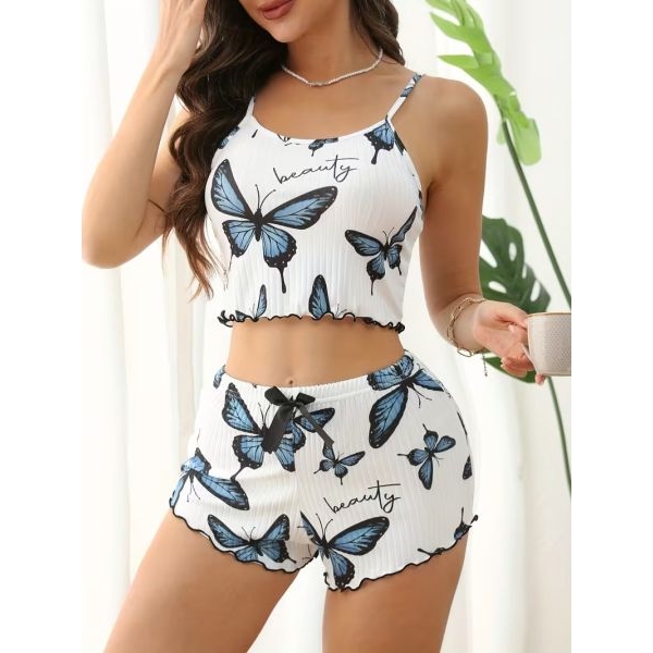Fancyra Women's Butterfly Print Ribbed Crop Cami Set with Shorts Pajama Set - Image 3