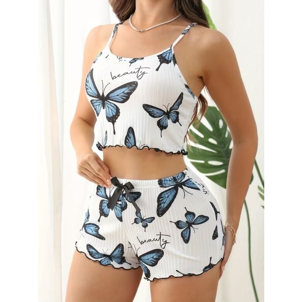 Fancyra Women's Butterfly Print Ribbed Crop Cami Set with Shorts Pajama Set - Image 4