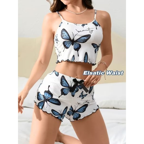 Fancyra Women's Butterfly Print Ribbed Crop Cami Set with Shorts Pajama Set - Image 5