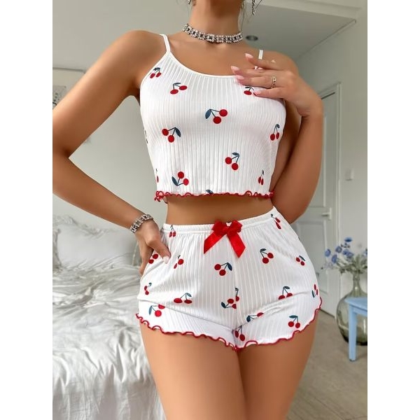 Fancyra Women's Cherry Print Ribbed Cami And Rolled-Cuff Shorts Pajama Set - Image 3