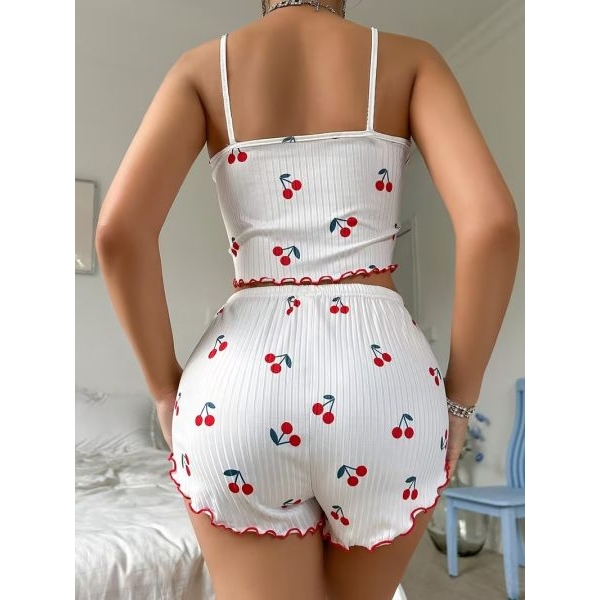 Fancyra Women's Cherry Print Ribbed Cami And Rolled-Cuff Shorts Pajama Set - Image 4
