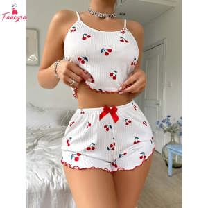 Fancyra Women's Cherry Print Ribbed Cami And Rolled-Cuff Shorts Pajama Set