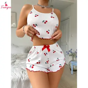 Fancyra Women's Cherry Print Ribbed Cami And Rolled-Cuff Shorts Pajama Set