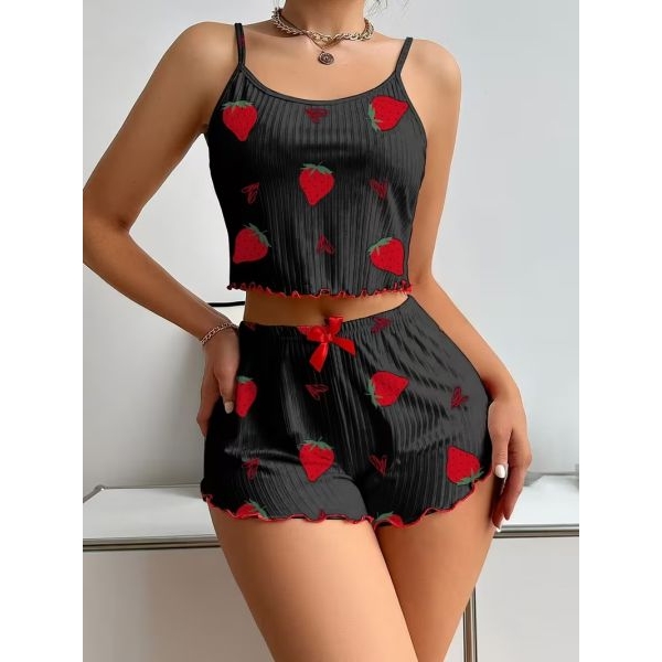 Fancyra Women's Cute Strawberry Print Ribbed Frill Trim Cami Top & Shorts Pajama Set - Image 2