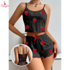 Fancyra Women's Cute Strawberry Print Ribbed Frill Trim Cami Top & Shorts Pajama Set