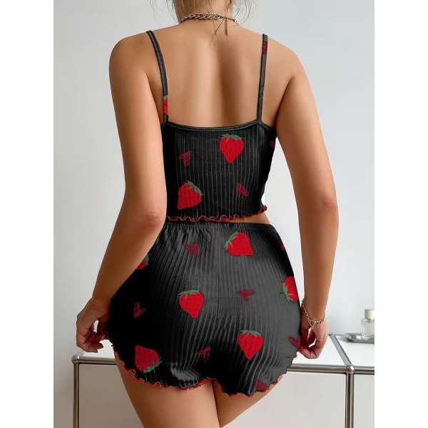 Fancyra Women's Cute Strawberry Print Ribbed Frill Trim Cami Top & Shorts Pajama Set - Image 4
