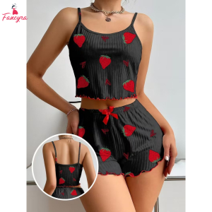 Fancyra Women's Cute Strawberry Print Ribbed Frill Trim Cami Top & Shorts Pajama Set