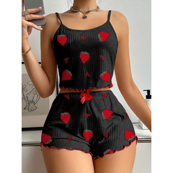 Fancyra Women's Cute Strawberry Print Ribbed Frill Trim Cami Top & Shorts Pajama Set - Image 5