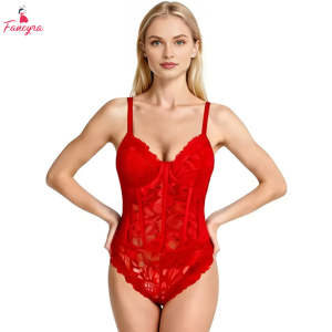 Fancyra Women's Floral Lace Sheer Mesh Corset Bodysuit Lingerie