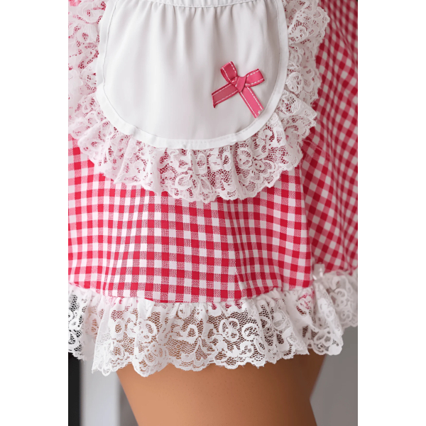 Fancyra Women's Gingham Print Maid Cosplay Outfit | Heart Cutout Crop Top and Lace-Mini Skirt Lingerie Set - Image 4