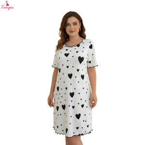 Fancyra Women’s Heart Print Short Sleeve Ribbed Knit Casual Nighty Mini Dress