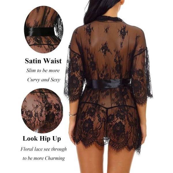 Fancyra Women's Lace Kimono Robe Babydoll Lingerie Mesh Nightgown - Image 2