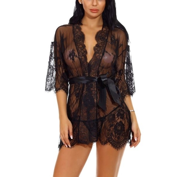 Fancyra Women's Lace Kimono Robe Babydoll Lingerie Mesh Nightgown - Image 3