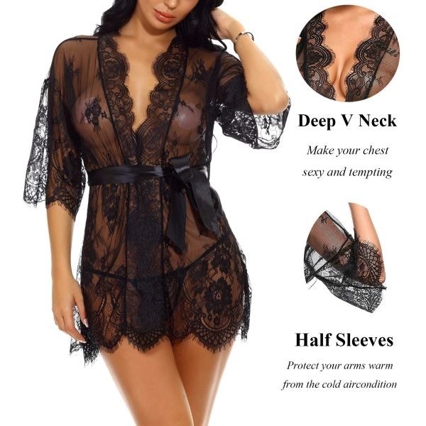 Fancyra Women's Lace Kimono Robe Babydoll Lingerie Mesh Nightgown - Image 4