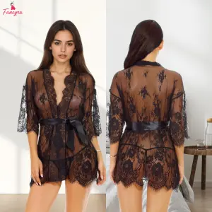Fancyra Women's Lace Kimono Robe Babydoll Lingerie Mesh Nightgown