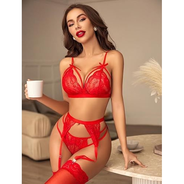 Fancyra Women’s Lace Lingerie Set - Floral Lace Bralette, High-Waisted Panties, Garter Belt with Adjustable Straps & Thigh-High Stockings - Image 4