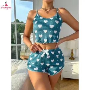 Fancyra Women's Love Print Camisole Top and Elastic Bow-Decorated Shorts Pajama Set