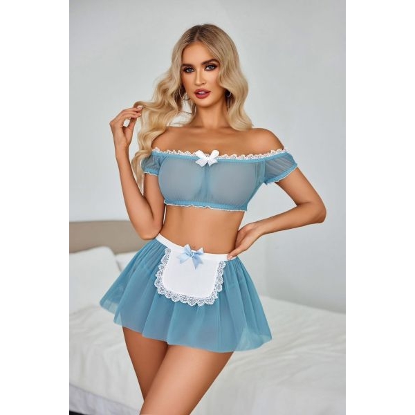 Fancyra Women's Maid Lingerie Set Blue Cosplay Costume Off-Shoulder Sheer Babydoll with Apron Skirt - Image 2