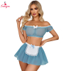 Fancyra Women's Maid Lingerie Set Blue Cosplay Costume Off-Shoulder Sheer Babydoll with Apron Skirt
