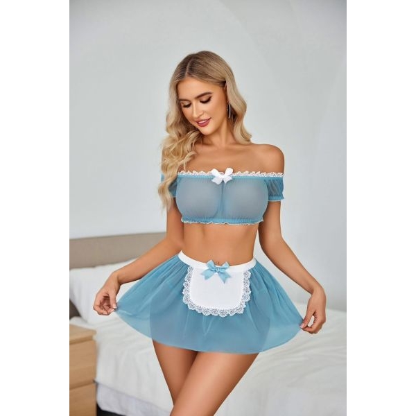 Fancyra Women's Maid Lingerie Set Blue Cosplay Costume Off-Shoulder Sheer Babydoll with Apron Skirt - Image 3