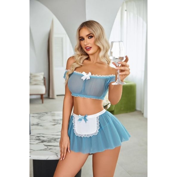 Fancyra Women's Maid Lingerie Set Blue Cosplay Costume Off-Shoulder Sheer Babydoll with Apron Skirt - Image 4